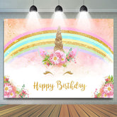 Toile de fond de joyeux anniversaire de licorne scintillante et florale